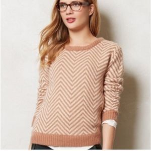 Anthropologie Ganni Wool Angora Beige/Caramel Round-neck Chevron Sweater Small